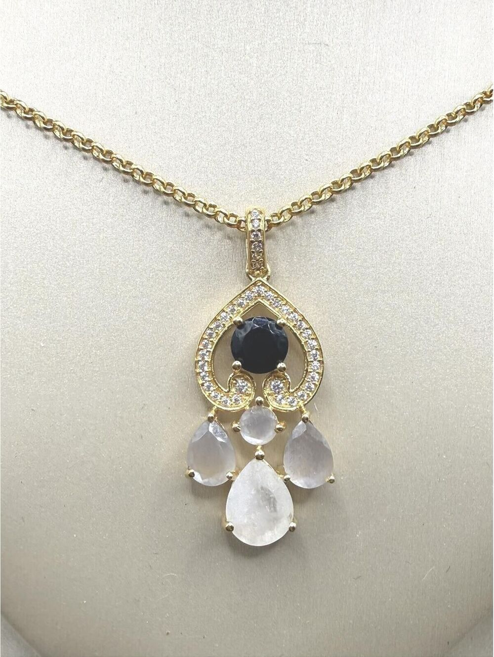 20" Black Onyx & Grey Moonstone Chandelier Necklace | 18K Gold Vermeil